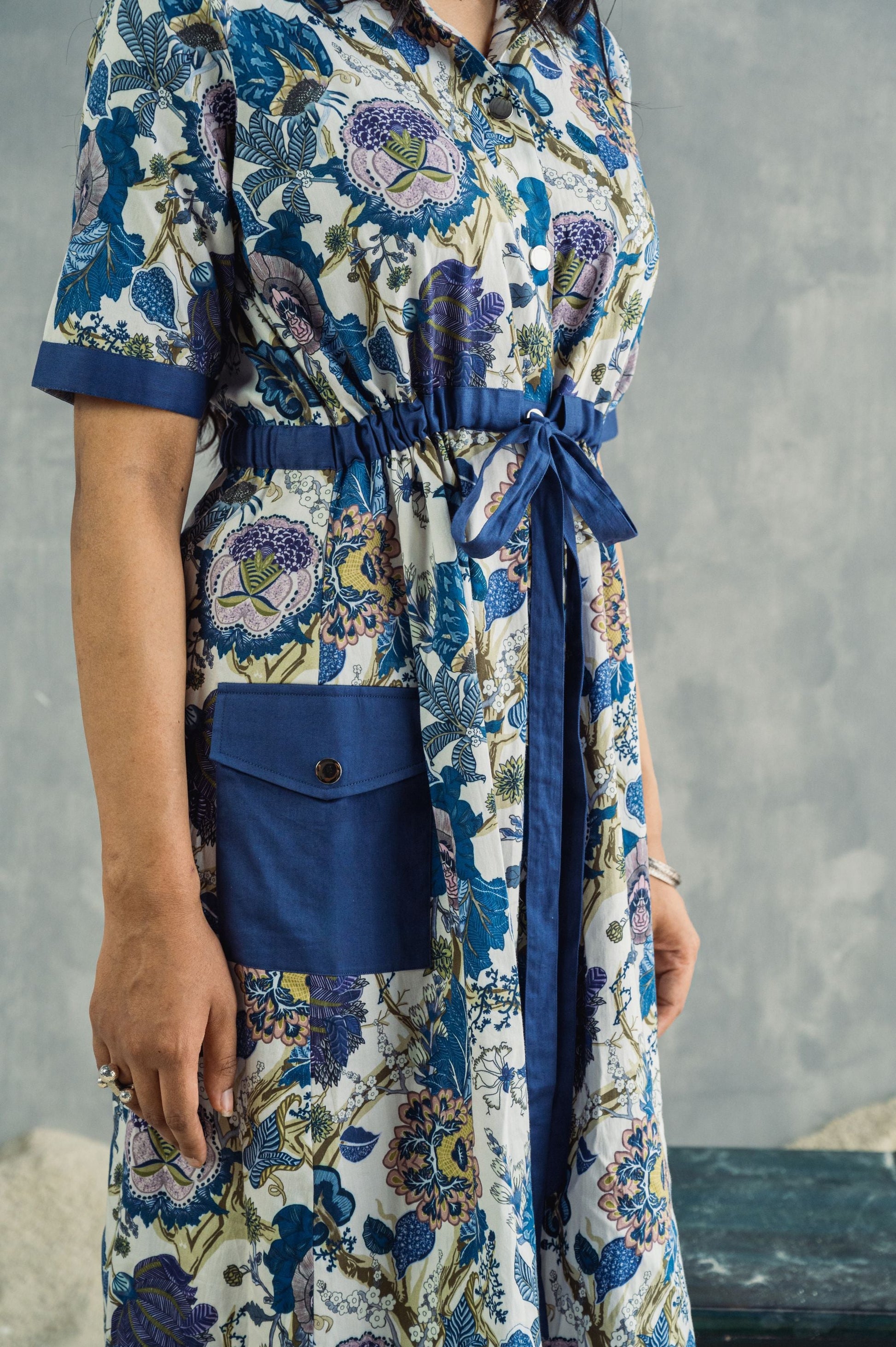 Delphine- Printed Shirt Dress with Attached Fabric Belt-1