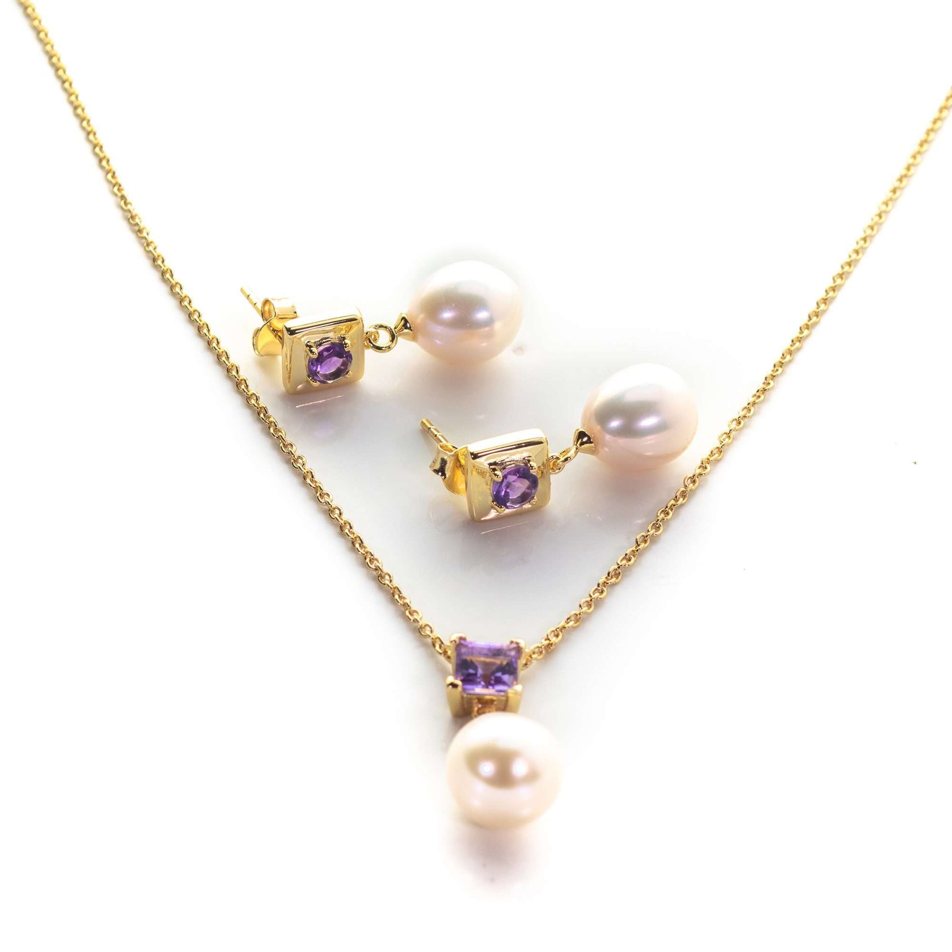 4 MM Round and 5 MM Square Amethyst Stone & 9 - 9.5 MM Cultured Freshwater Pearl Drop Earrings & Pendant Bombay Set in Silver 925 24CT Gold Plated-0