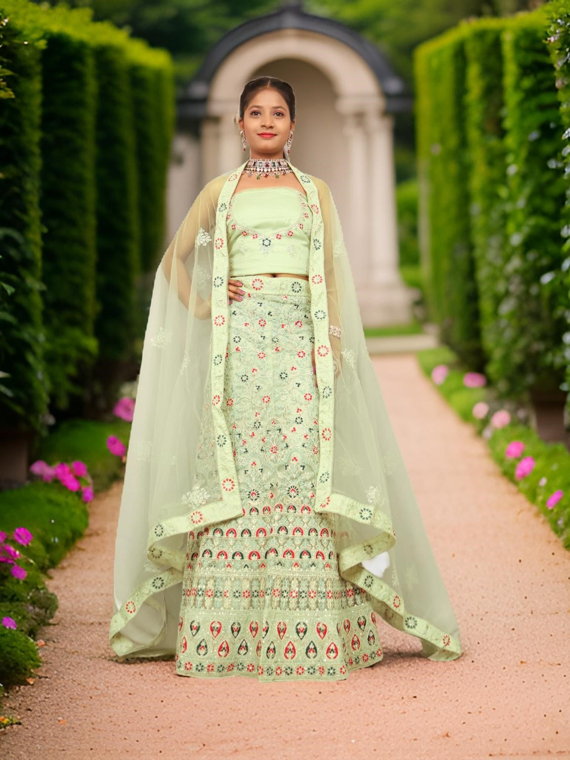 Semi-Stiched Lehenga with Soft Net Fabric & Zari Thread Work by Shreekama-0