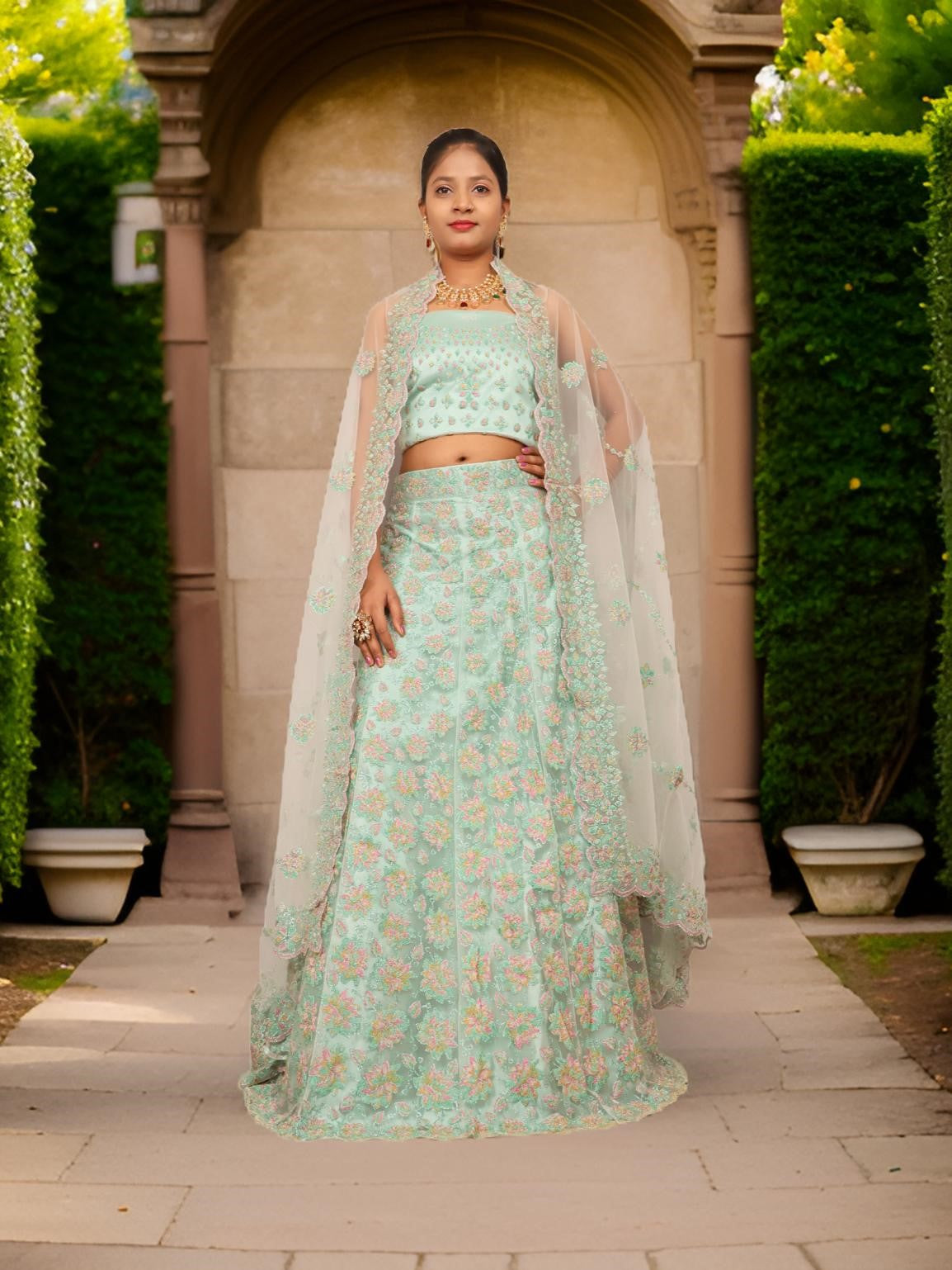 Semi-Stitched Lehenga with Soft Net Fabric & Multi beads work by Shreekama-6