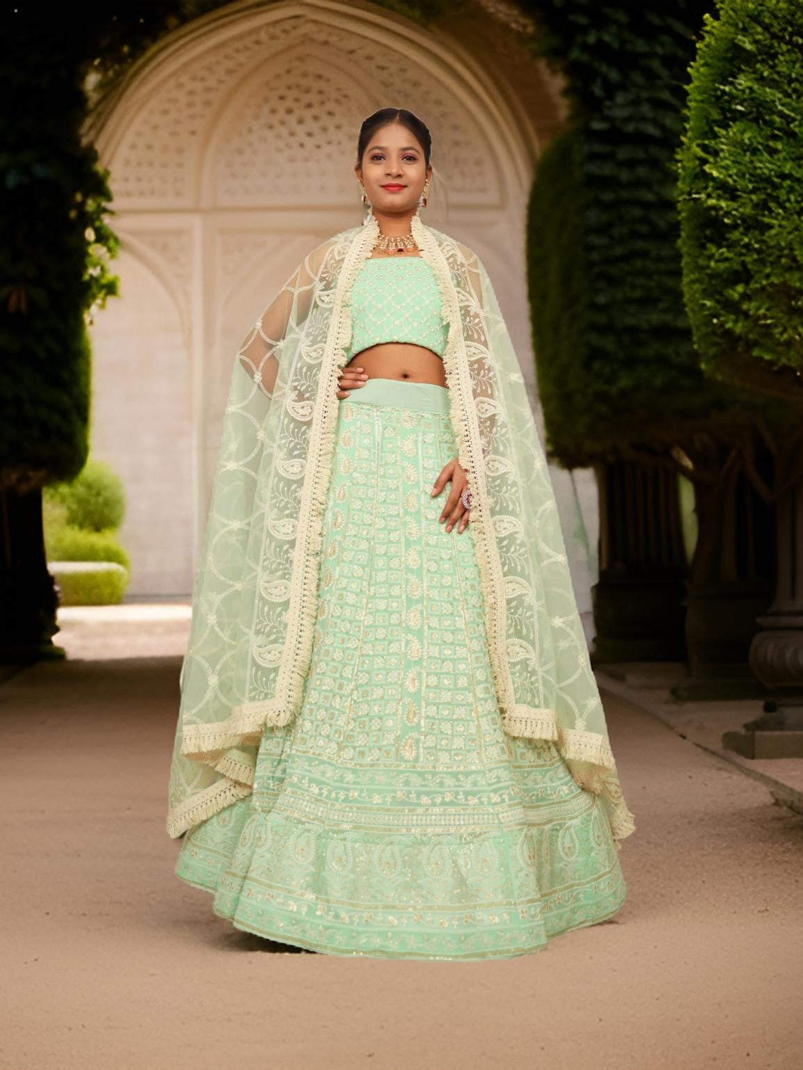 Semi-Stitched Lehenga with Embroidery & Golden Sequin work by Shreekama-6