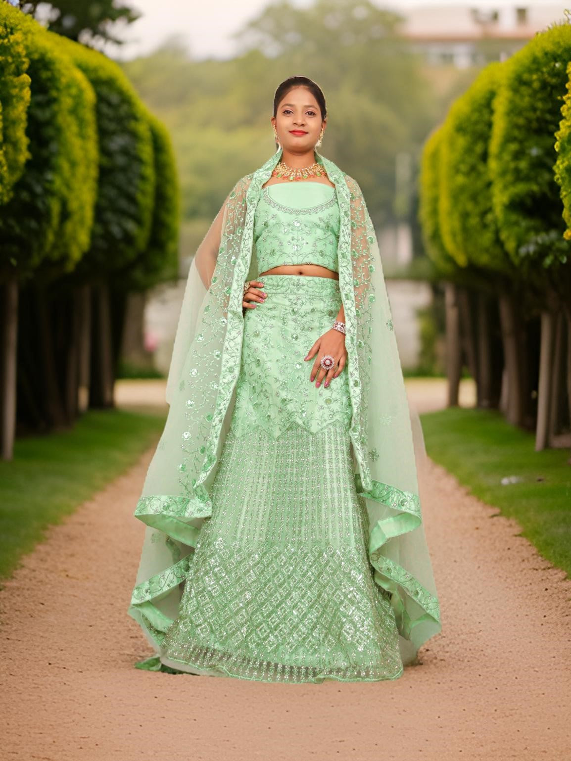 Semi-Stitched Lehenga with Soft Net Fabric & Zari Thread Work by Shreekama-0