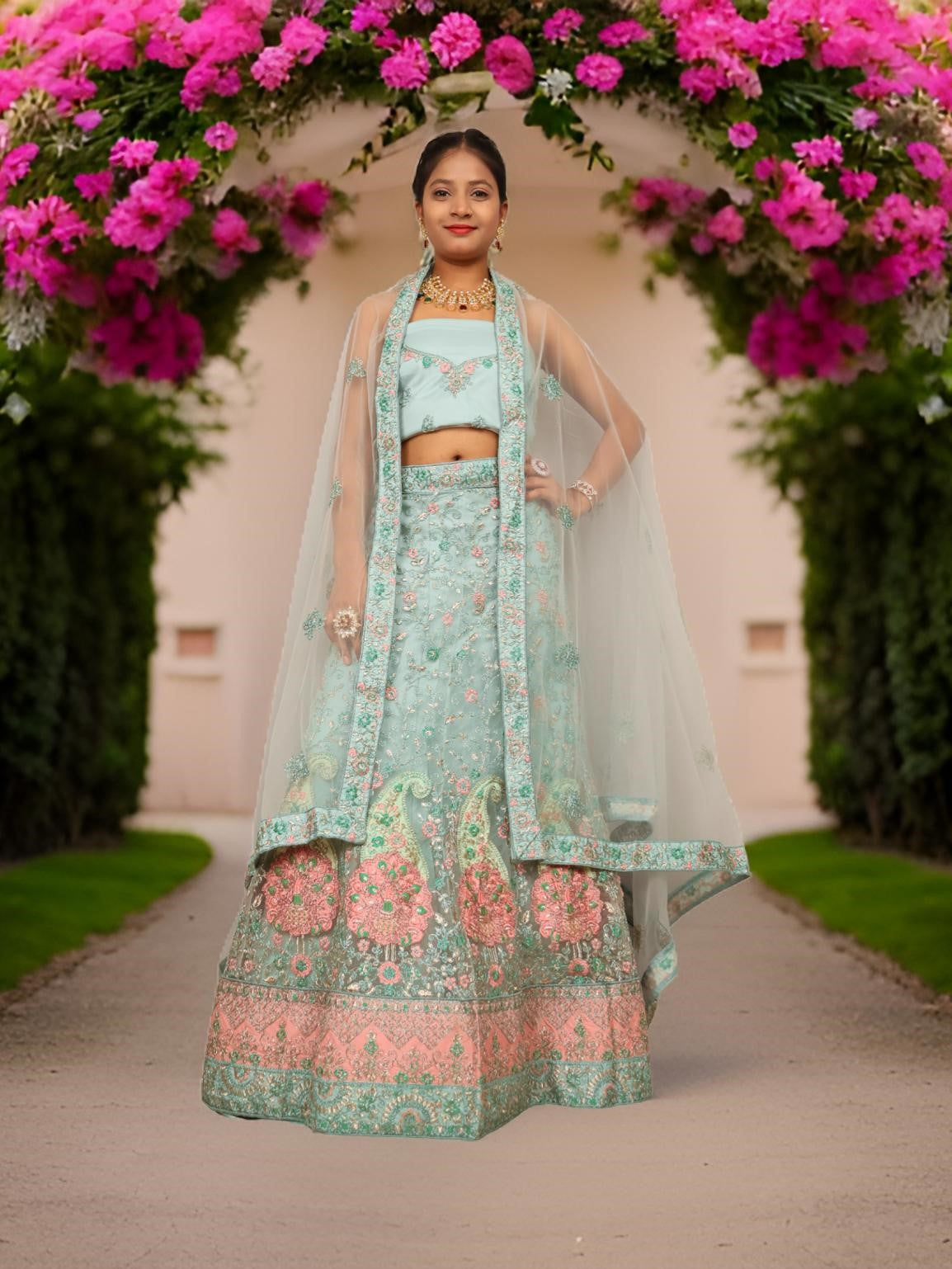 Semi-Stitched Lehenga with Soft Net Fabric & Zari Thread Work by Shreekama-0