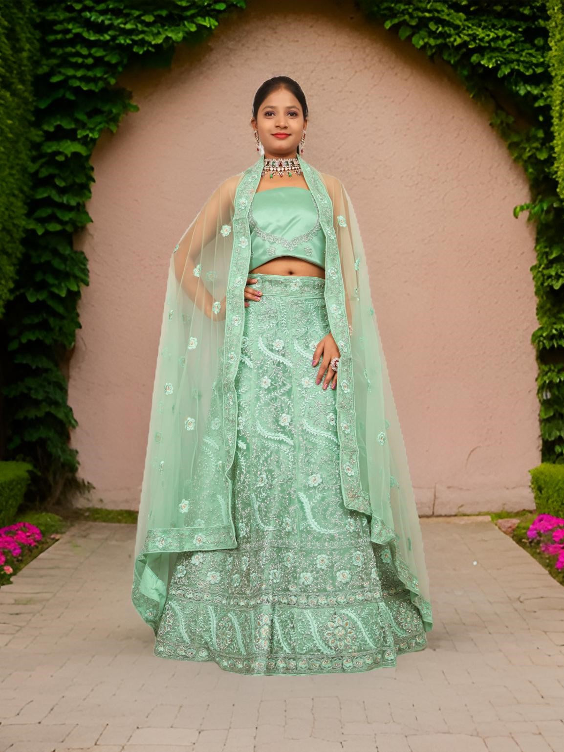 Semi-Stitched Lehenga with American Diamond & Zari Thread Work by Shreekama-0