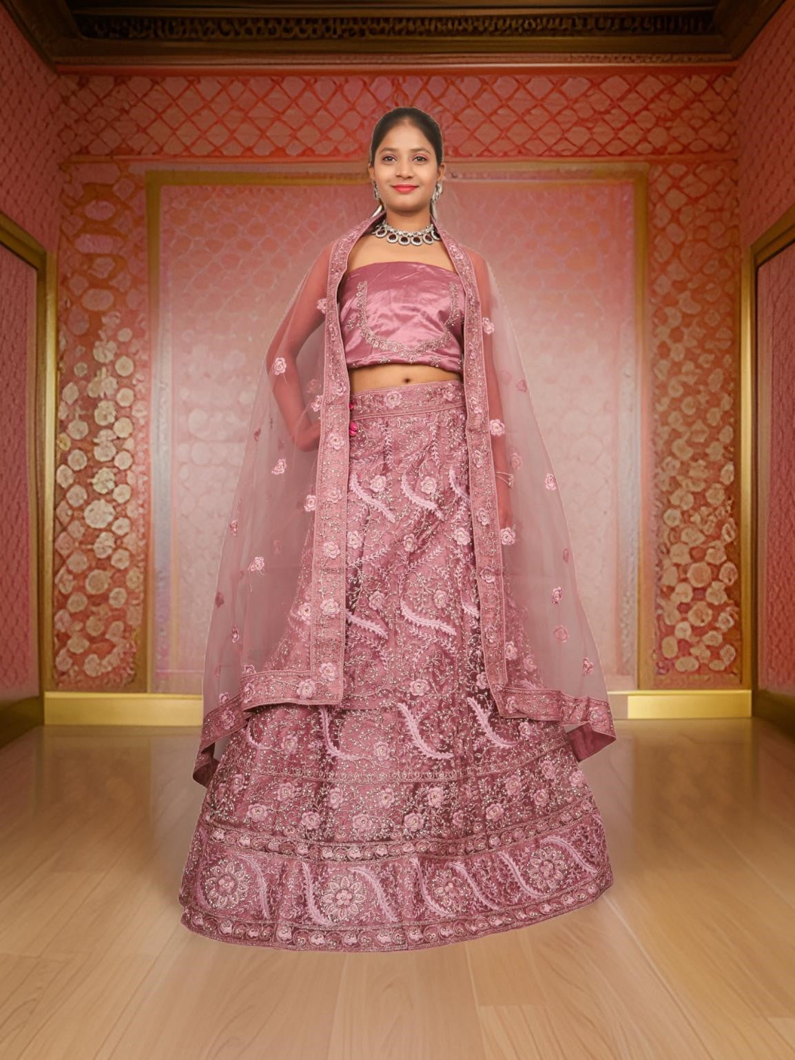 Semi-Stitched Lehenga with American Diamond & Zari Thread Work by Shreekama-6