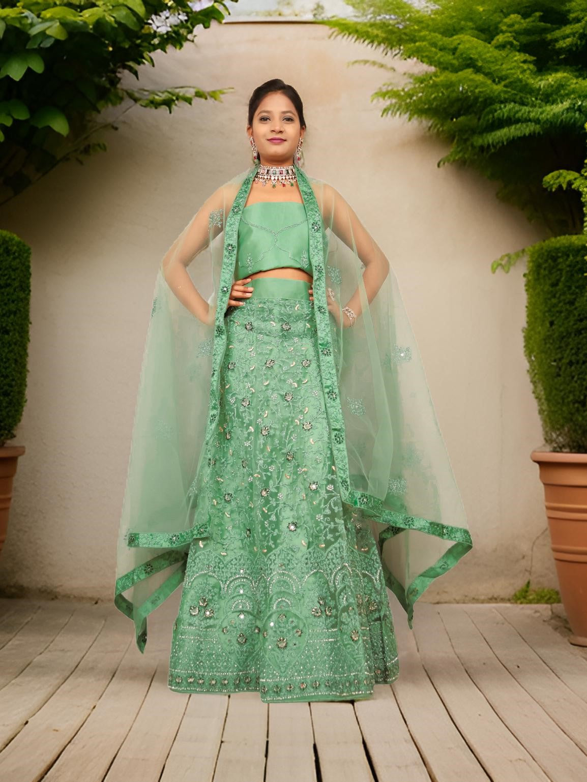 Semi-Stitched Lehenga with Embroidery & Zari Thread Work by Shreekama-5