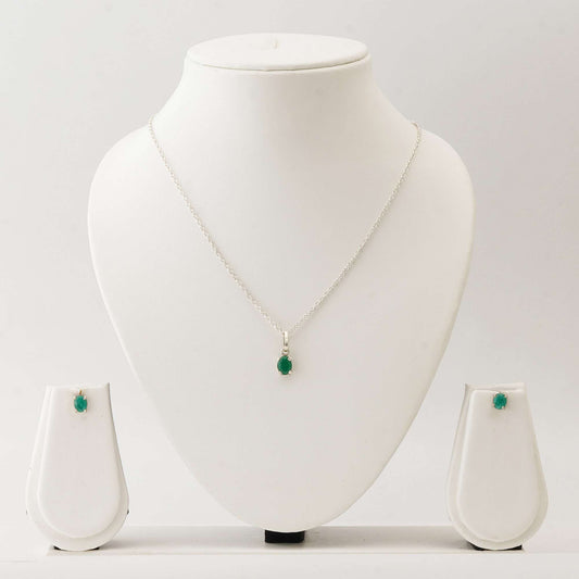 Oval Emerald Set with 1 CT Pendant and 1.5 CT Earrings in Italian Silver-0