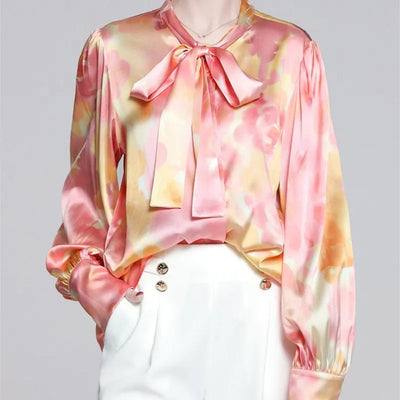Floral Satin Ribbon Silk Lantern Sleeve Shirt Sense Top Female