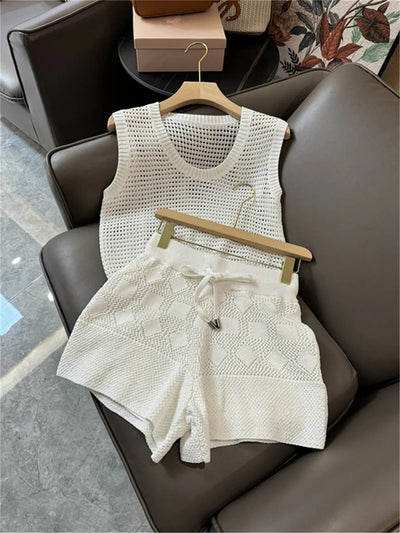 Women's Hollow Out Sequins Vest Knitted Top +Drawstring Shorts Summer New 2 piece set