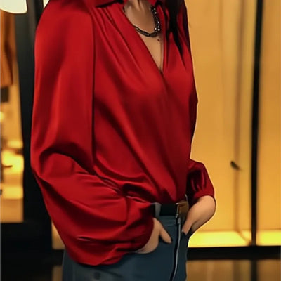 New Tail Teeth Red Satin Slim Shirt Women's All-Match Sense Western Style Fashion