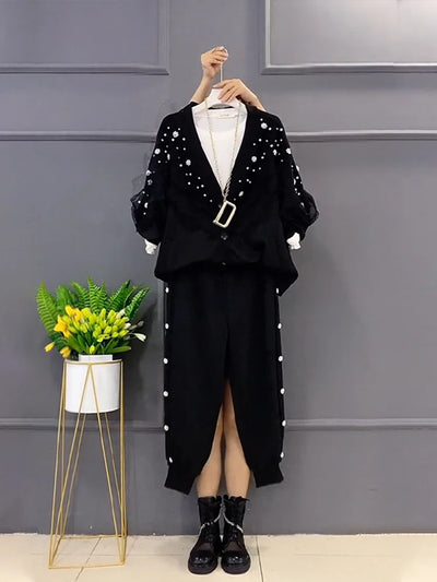 Oversized Women's Clothing Spring Autumn New Fashion V-neck Diamond Lace Knitted Cardigan Two-Piece Fashion Bead Casual Pants