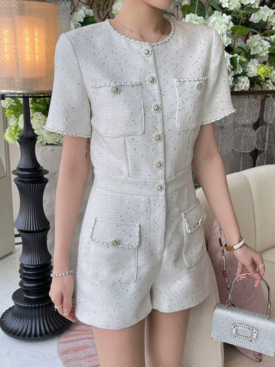 Hot sale 2024 new women sequins chains tweed jumpsuits nuttons pockets short sleeve rompers playsuits white black