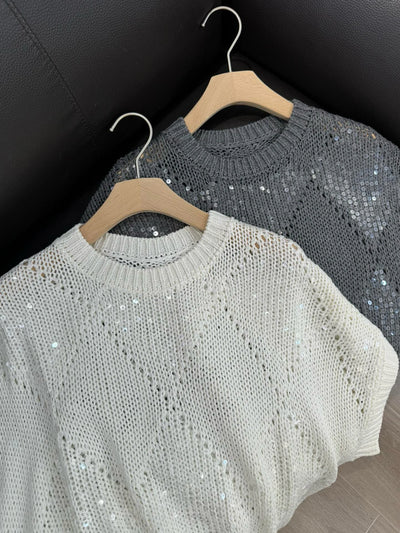24 New B//C Embroidered Sequins Round Neck Sparkling Knit Linen and Silk Blend Short Sleeve Top