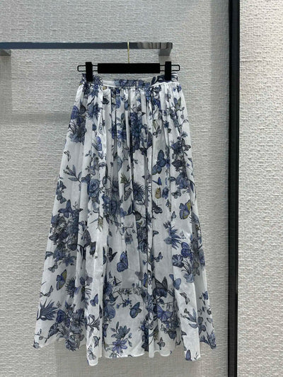 EVACANDIS Women New High Quality Spring Floral Butterfly Printing Midi Skirt Sweet Vintage Elegant Chic Cotton A-Line Bottoms