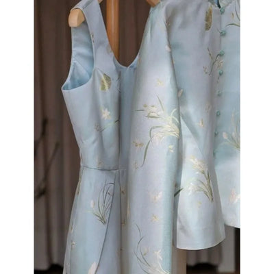 New Chinese Style Stand Collar Gentle Milk Lovely Temperament Blue National Two-Piece Suit for Women