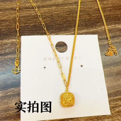 9999 real gold 24K yellow gold Small square sugar necklace suit small square ring earrings