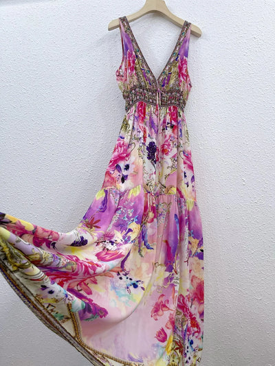 EVACANDIS 100% Real Silk High Quality Women New Sleeveless V-Neck Floral Printing Midi Dress Sexy Vintage Bohemian Beach Style