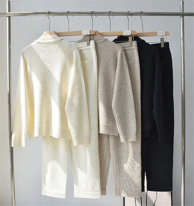 2023 B*C Women 100% Wool Knit Two Piece Set Long Sleeve Cardigan + Straight Leg Pants