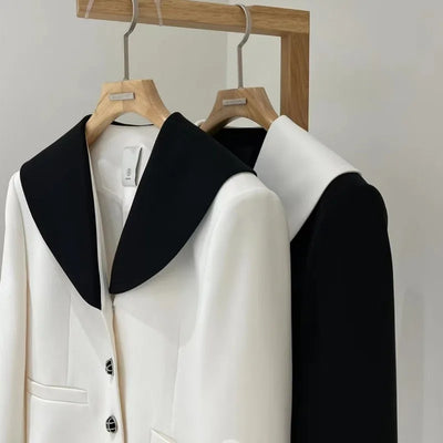 Fashion Short Sailor Collar Color Matching Elegnat Suit Jacket 2024 Spring and Autumn New Loose Long Sleeve OL Blazer Coats
