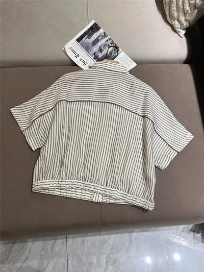 Linen Blouse with Short Sleeves, Beaded, Cinched Waist, Staple Stripe Top, 100% Linen, Summer