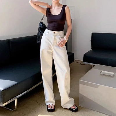 2024 Spring and Summer New Minimalist High-waisted Loose Wide-leg Denim Floor-length Trousers for Women