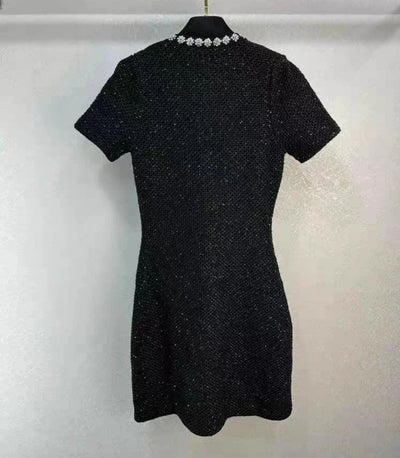 EVACANDIS Women Sequin Slim Fitting Black Single Breasted Short Sleeved Knitted Mini Dress
