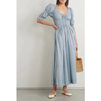 Lace Floral Dress Women 2023 Spring and Summer French Retro Print Shirring Long Square Collar Dress