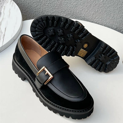 Spring Niche Leather Shoes Metal Buckle Thick-soled Bottom Contrast Color Slip-on Loafers for Women