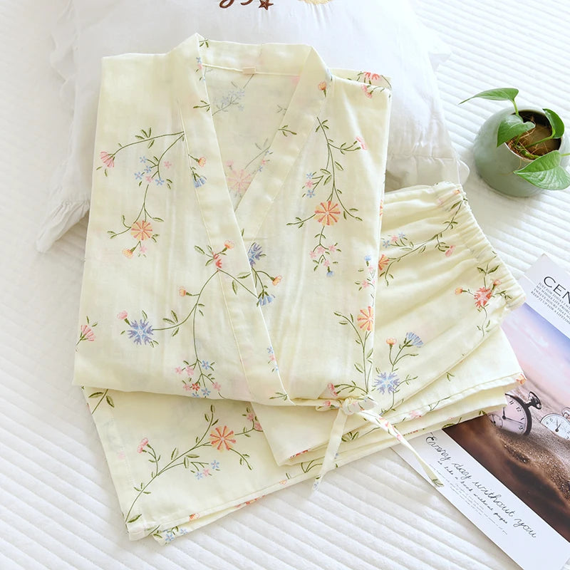 Japanese Cotton Kimono Gauze Pajamas Women Spring And Autumn Thin Sweet Long Sleeve Trousers lace-up Loose Home Dress Set