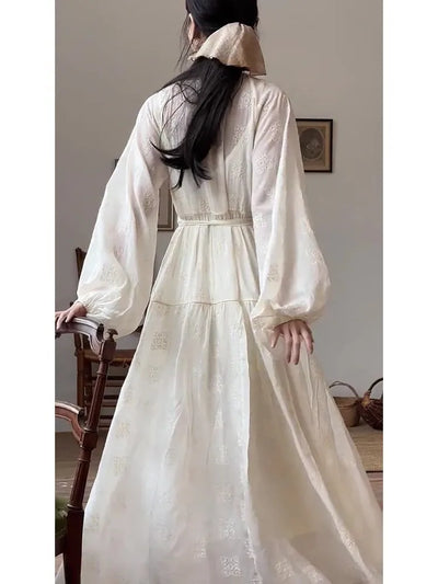 Summer Classic Style Elegant Socialite French White Waisted Long Sleeve Sun Dress for Women