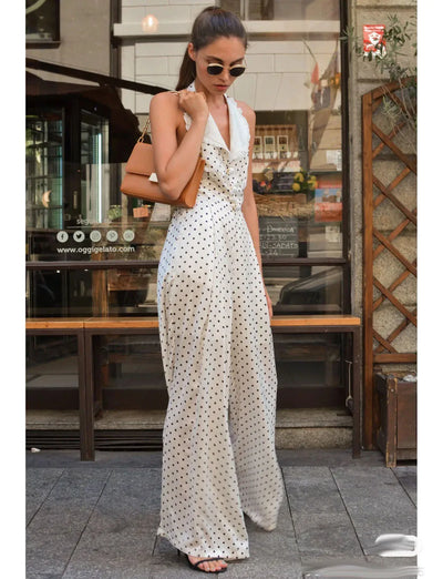 Vintage black dots white jumpsuits women 2024 summer lace patchwork turn down collar blackless holiday wide leg loose rompers