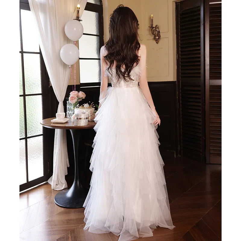 White Evening Dress Wedding Bridesmaid Long Dress Tube Top Feather Design Elegant Fairy Party Dress