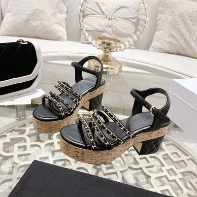 Shoes For Women Size35-42 Genuine Leather Sandals High Heels Chain Pumps Flat Platform Summer Designer Shoes Zapatos De Mujer
