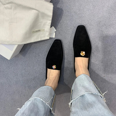 Sheep Suede Crystal Diamond Mandarin Duck Flower Loafers Square Toe Solid Color Simple Casual Comfortable Flat Shoes