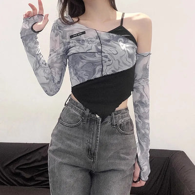Designer Hot Girl Irregular off-Shoulder Top Short Slim Fit Sneaky Design Fake Two-Piece Long Sleeve T-shirt Fashion