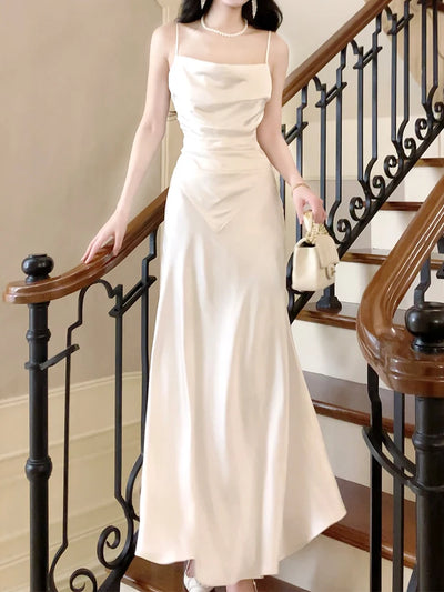 High Quality Fake Two-Piece French Satin Dress Elegant Slimming White Dress