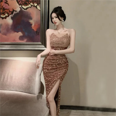 New Elegant Style Shiny Sequin Slim-Fit Slit Hip-Wrapped Holiday Party Dress