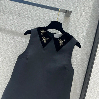 2024 Summer New Women's Wear Fashionable and Elegant Beaded Dragonfly Velvet Collar Tank Top Dress 0516