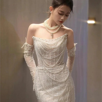 Light luxury female pearl sequin heavy industry fish tail toasting dress
