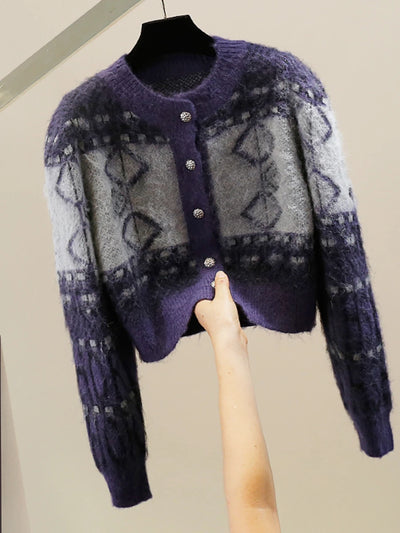 Fashionable Retro Jacquard Single-Breasted Long Sleeve Sweater 2024 Autumn and Winter New Casual Loose Elegant Knitted Cardigan