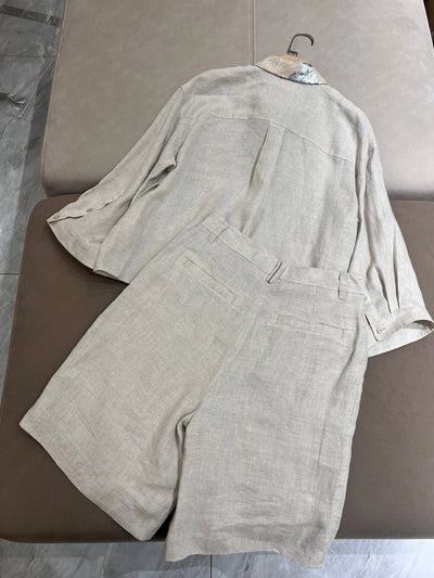 Casual Suit Women Casual Cotton Linen Shirt and Women Loose Shorts Suit Summer 2-piece Shirt Set Long Sleeve Blouse Long Tops