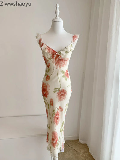 High Quality Autumn Women Fashion Runway Designer 100% Silk Flower Printed Ruffles Strap Slim Beach Style Sleeveless Midi Dress