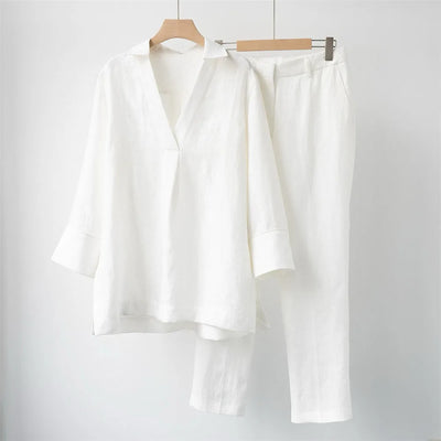 Women's 2 Piece Set V-Neck Linen Long Sleeves Blouse Shirt +Waist Straight Pants Casual Suit 2024 New L*P