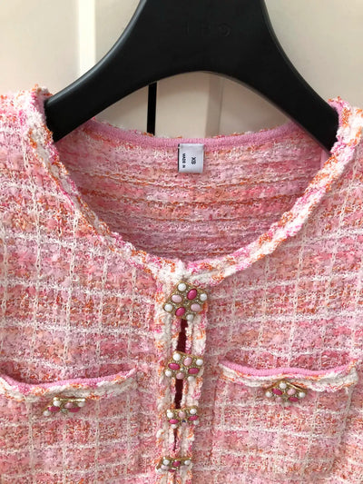 2024 Summer New Women's Wear Pink Elegant Beaded Button Plaid Coarse Spinning Waist Knitted Dress 0430