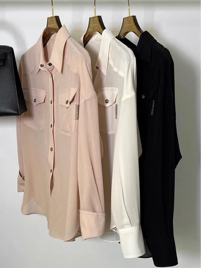 B*C Casual Women's Shirt Elegant Beautiful Turn-down Collar Silk Blend Blouse Long Sleeve Pocket Design Clothes For Woman