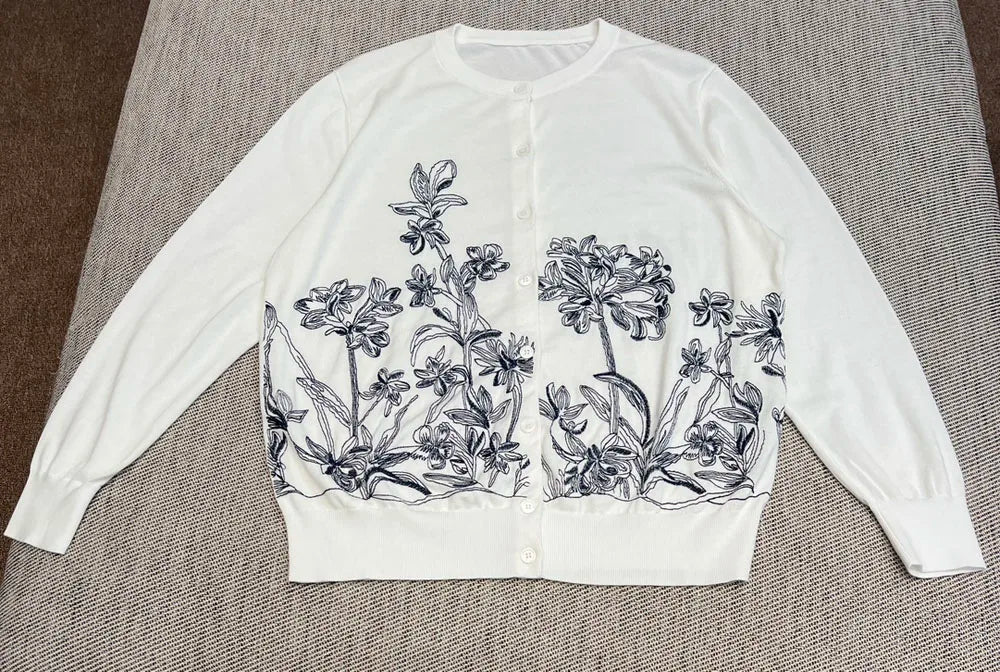 Floral embroidery 2024 spring women single breasted knitted cardigans long sleeve o-neck casual jumpers