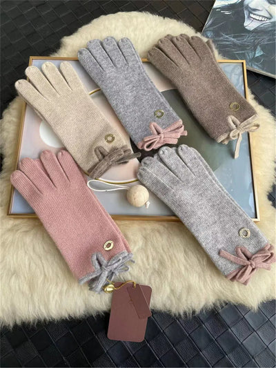 100% Cashmere Knitted Bow Gloves Women'S Winter Warm L*P Outdoor Mittens