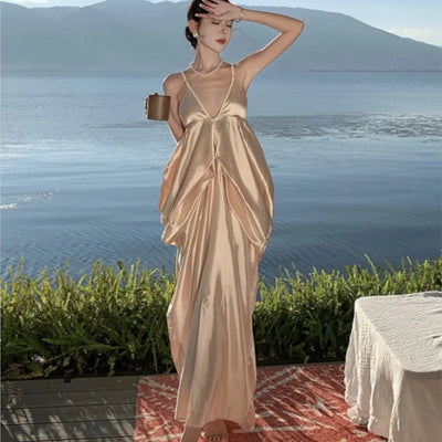 Champagne Satin Sling Dress Seaside Atmosphere Vacation Style Backless