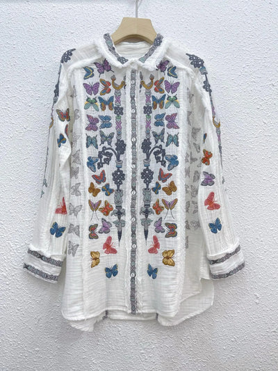 EVACANDIS High Quality Women Long Sleeve Embroidery Butterfly Turn-down Collar Shirts Vintage Elegant Casual Sweet Blouse Tops