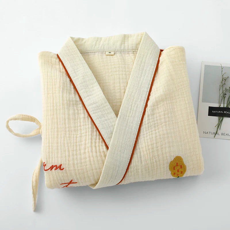 Embroidery Kimono Pajamas Women Pure Cotton Yarn Long Sleeve Loose Sweat Steamed Home Hanfu Two Sets Beige Thin